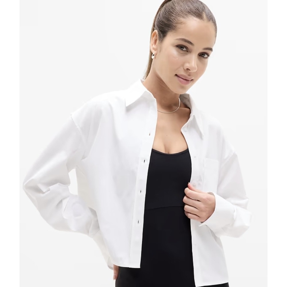 Athleta Midday Cropped Poplin Shirt White Linen Blend Button Down Size M